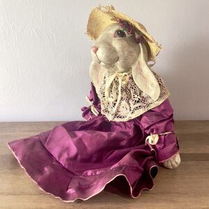 Vtg Sitting Bunny Rabbit Easter Cottagecore Spring Ceramic & Cloth Figure 20”